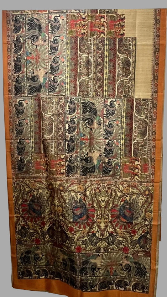 Biege and Mustard Madhubani Print Art Silk Saree