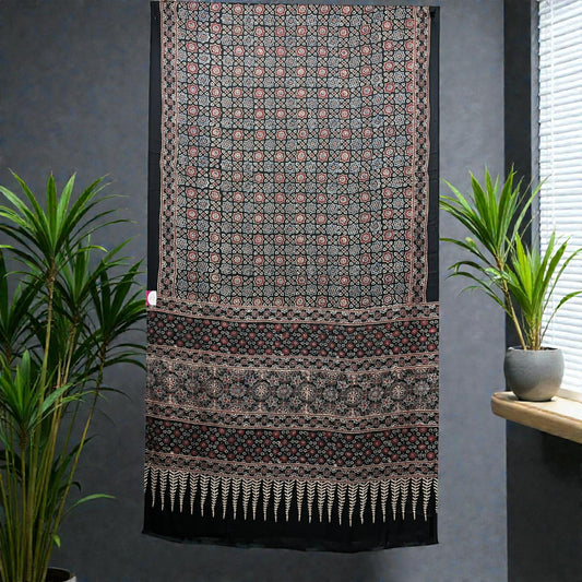 Black & Pink Ajarkh Print Modal Silk Saree