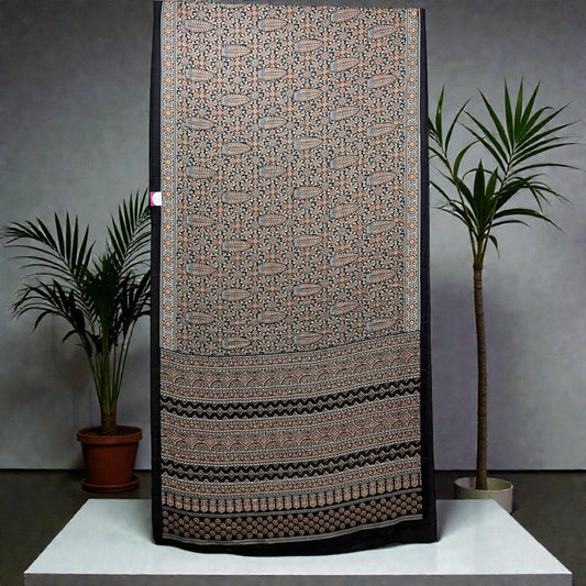 Black & Orange Ajarkh Print Modal Silk Saree