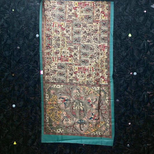 Turquoise Blue Madhubani Print Art Silk Saree