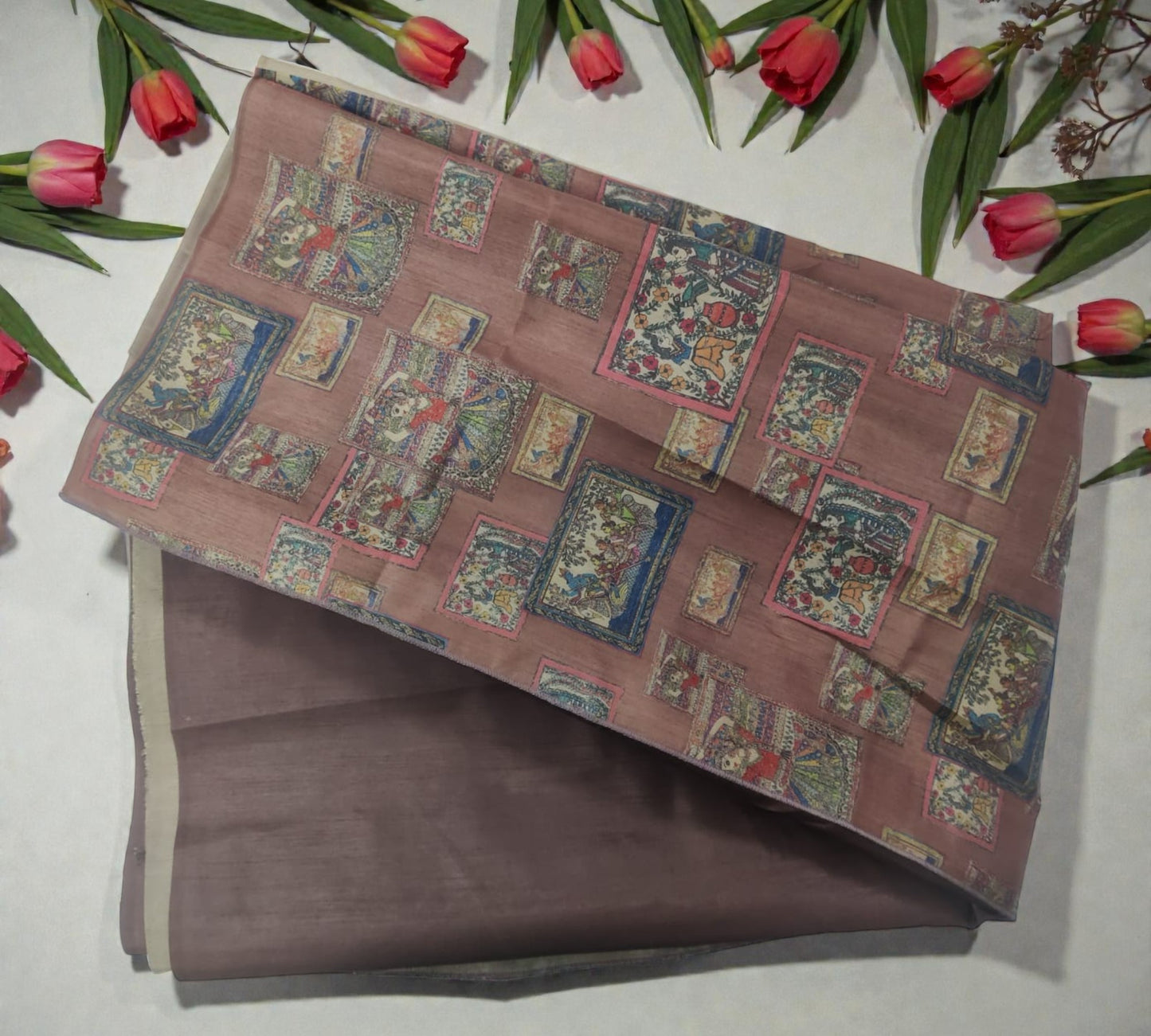 Dark Brown & Beige Madhubani Print Art Silk Saree