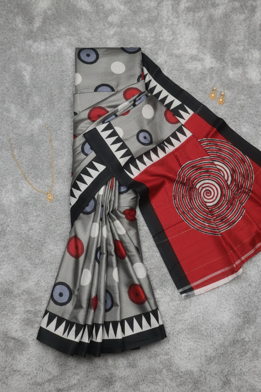 Olive Evil Eye print Satin Saree