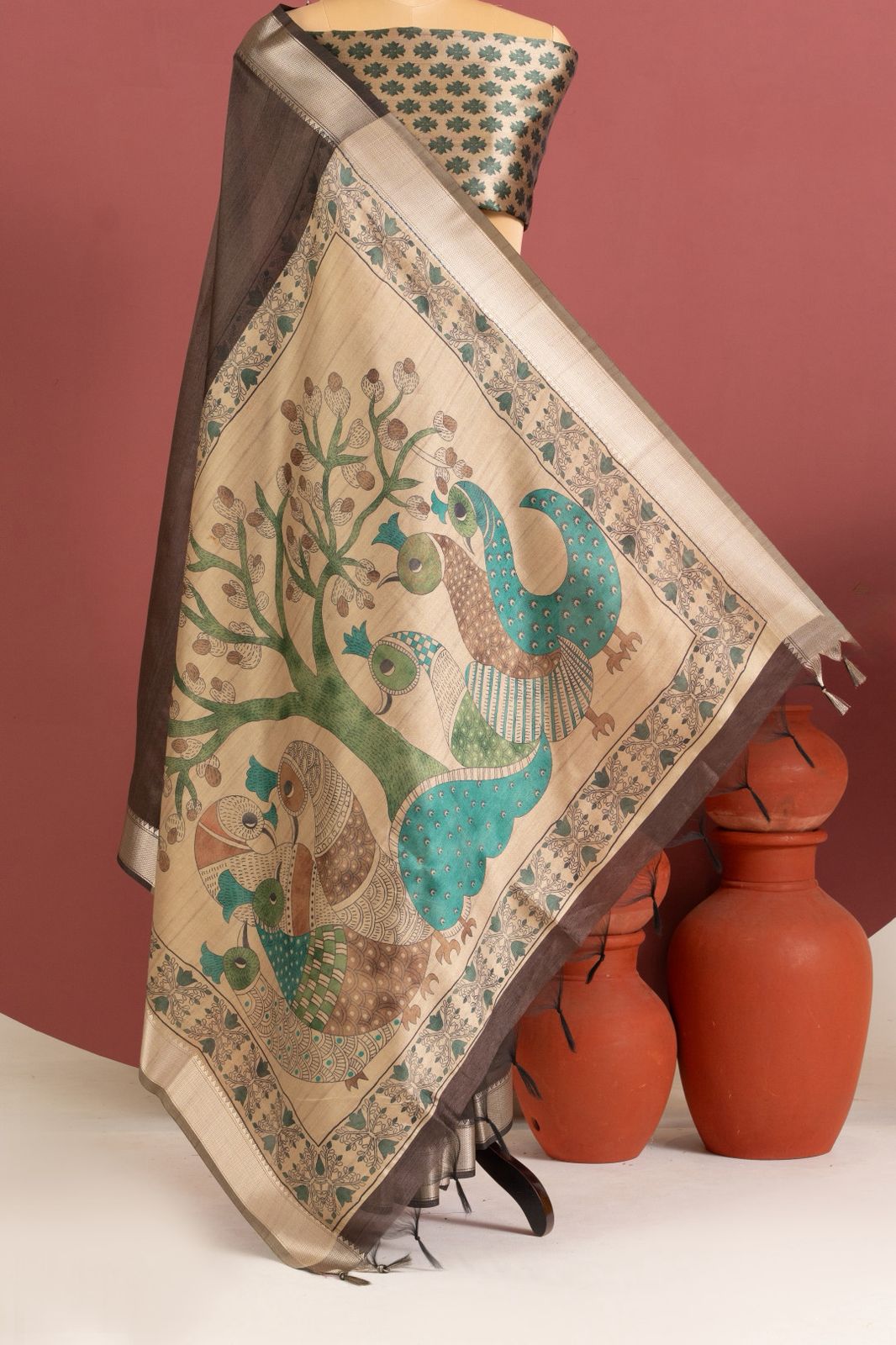 Dark Brown Kalamkari Pallu Raw Silk Saree