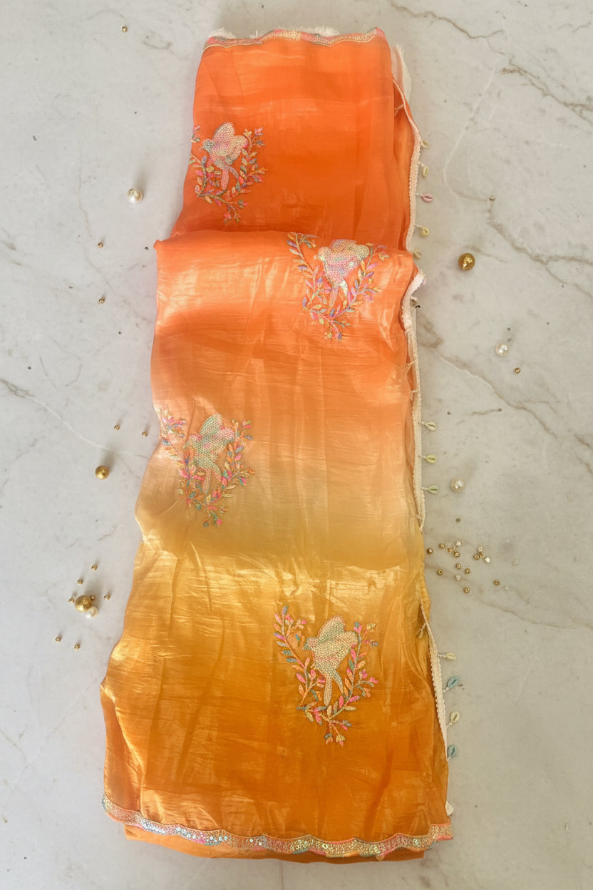 Orange Ombre Embroided Crushed Soft Silk Saree