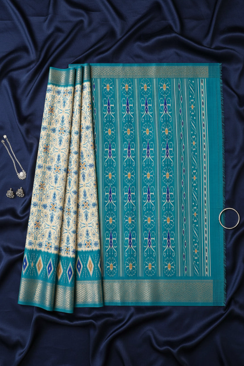White and Blue Patola Print Dola Silk Saree