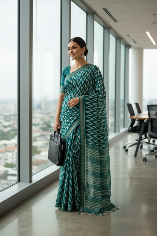 Green Zig Zag Print Dola Silk Saree