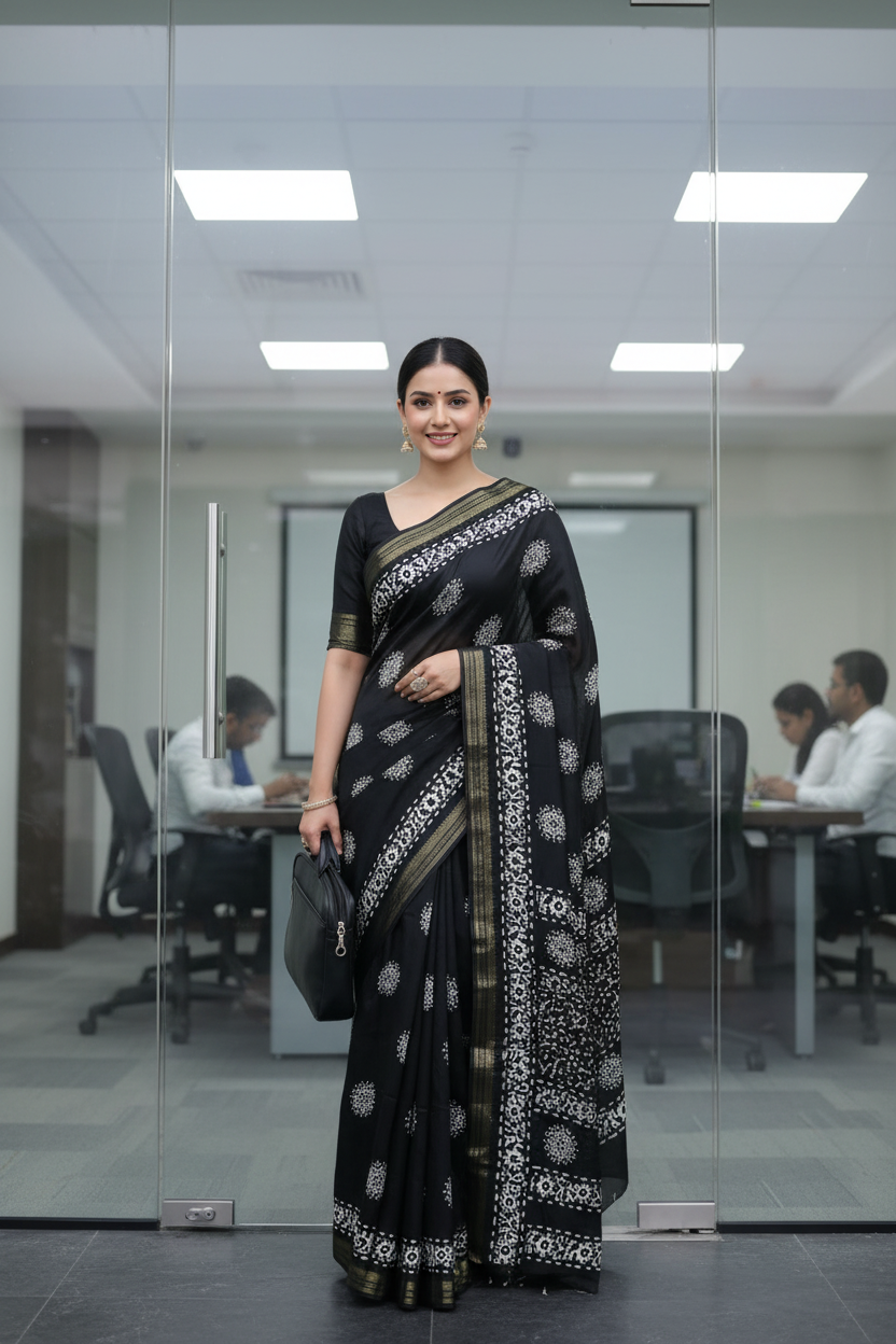 Black Floral Print Dola Silk Saree