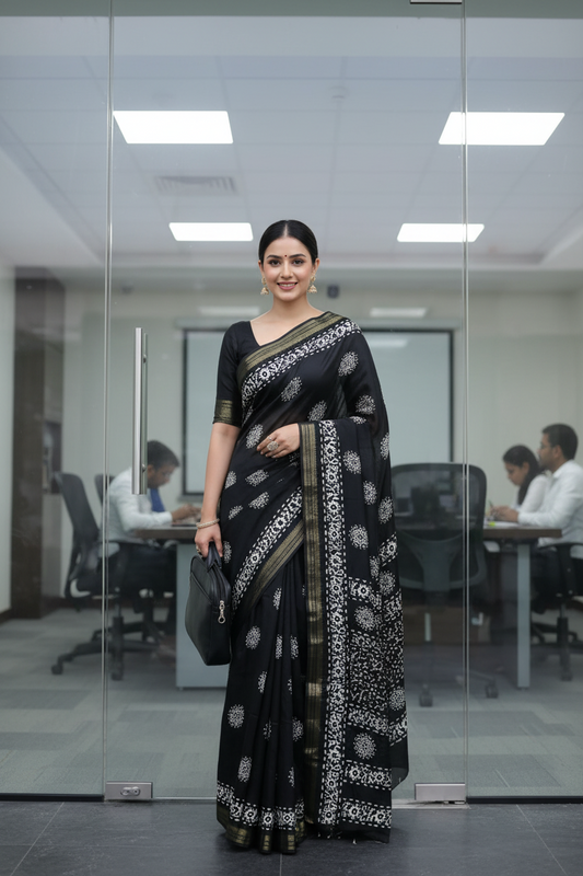 Black Floral Print Dola Silk Saree