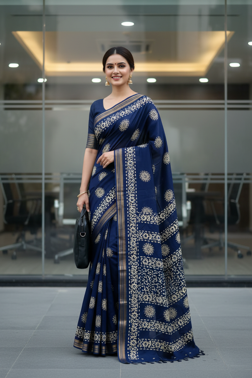 Navy Blue Floral Print Dola Silk Saree