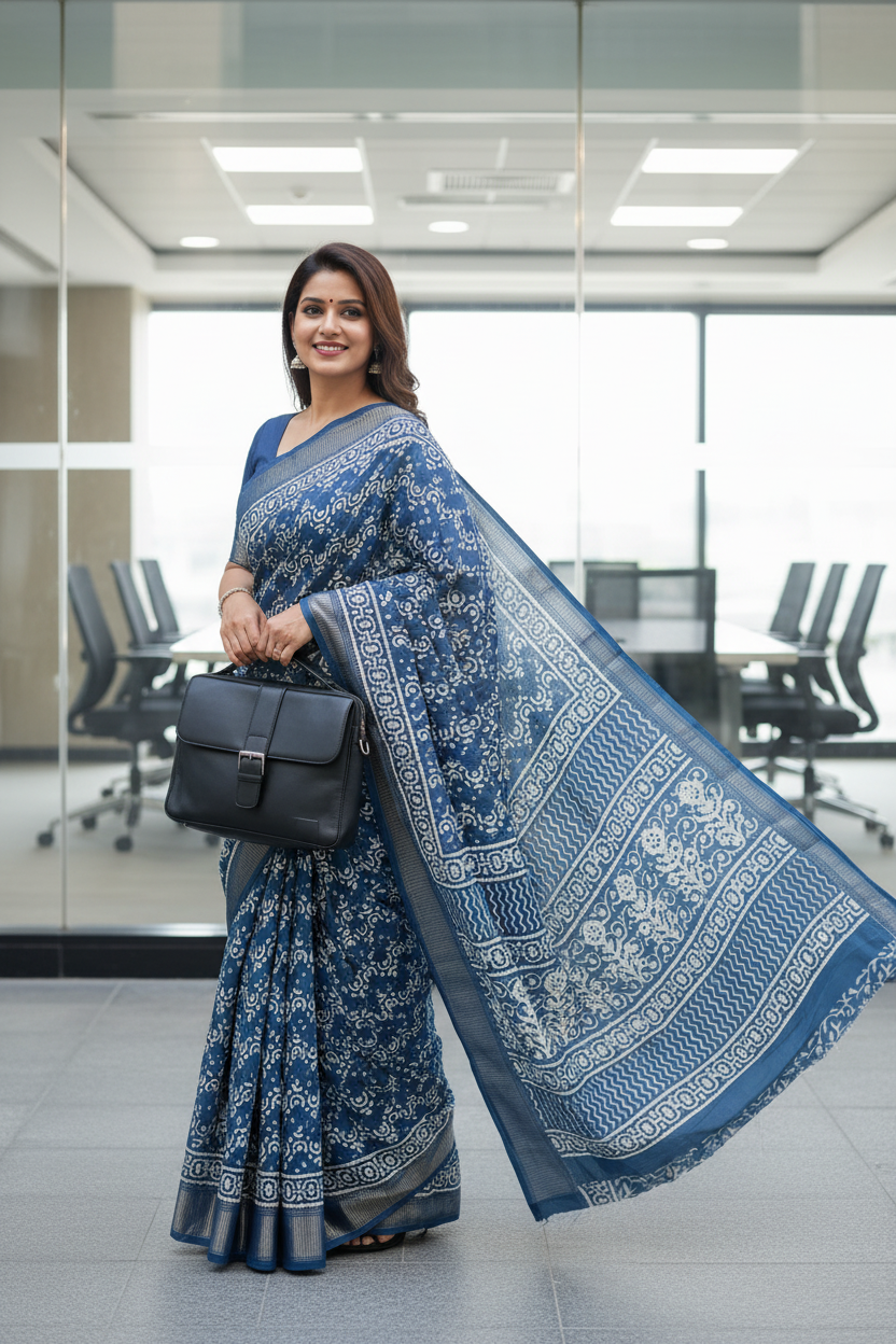 Royal Blue Geometric Print Dola Silk Saree