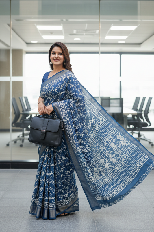 Royal Blue Geometric Print Dola Silk Saree