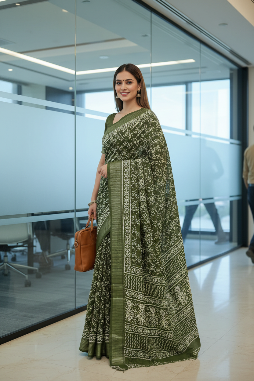 Mehndi Green Geometric Print Dola Silk Saree