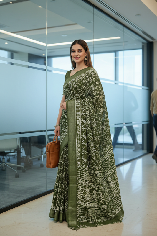 Mehndi Green Geometric Print Dola Silk Saree
