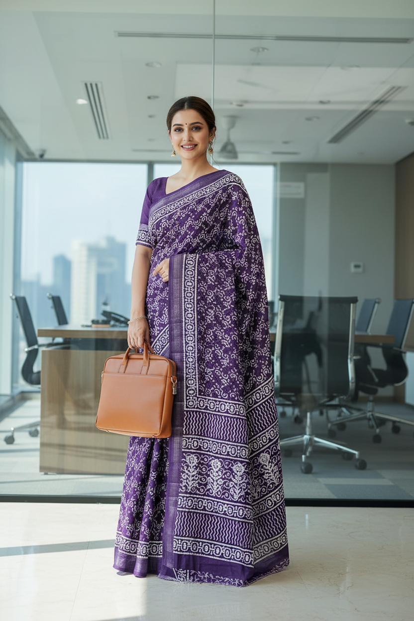 Purple Geometric Print Dola Silk Saree