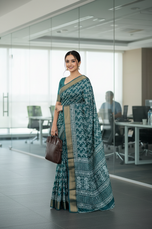 Green Geometric Print Dola Silk Saree