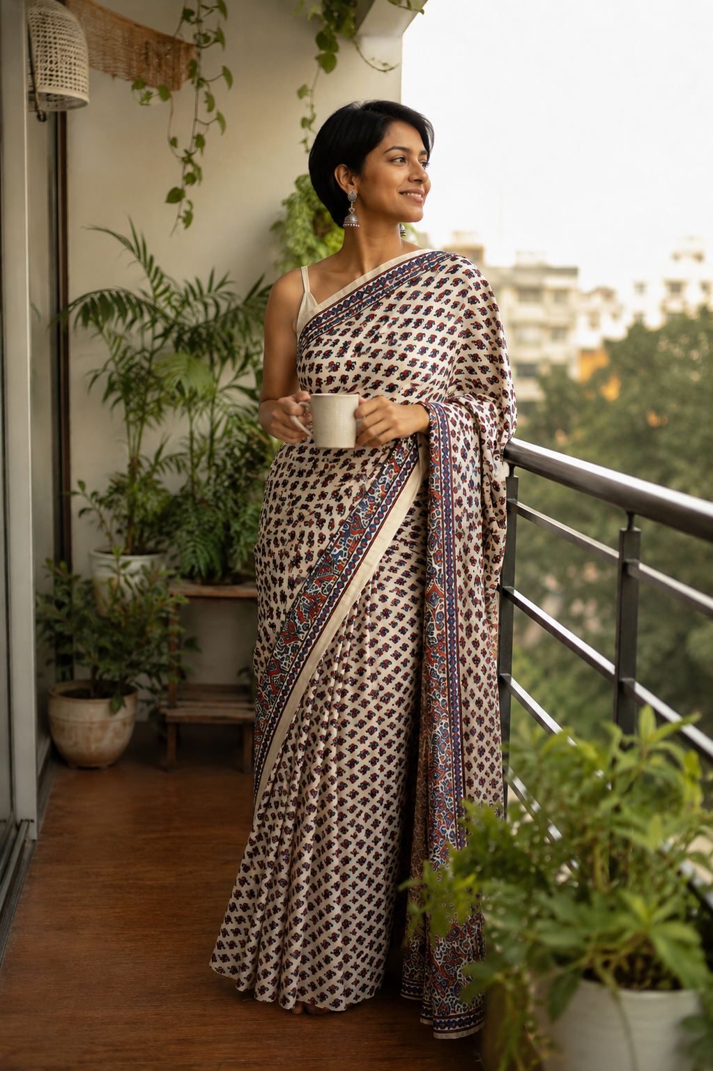 Beige Block Print Satin Saree