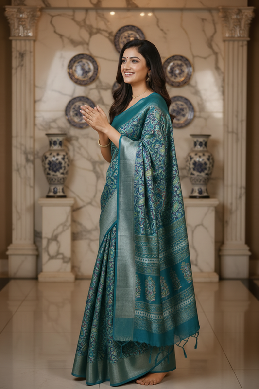 Rama Green Paisley Print Dola Silk Saree