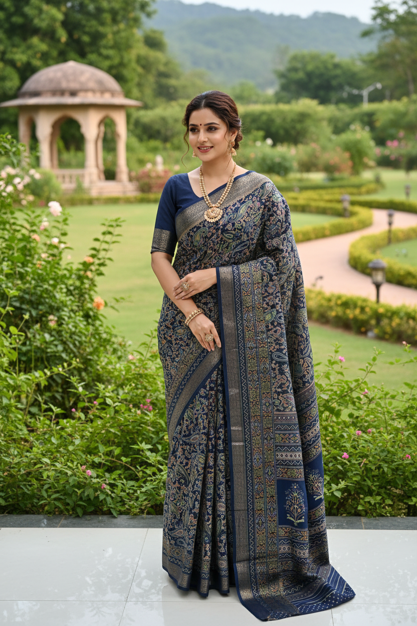 Dark Blue Paisley Print Dola Silk Saree