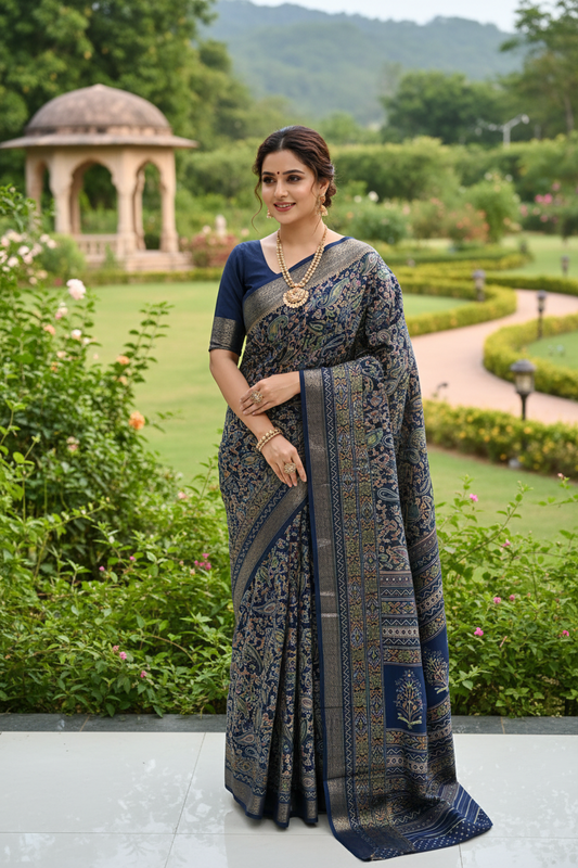 Dark Blue Paisley Print Dola Silk Saree