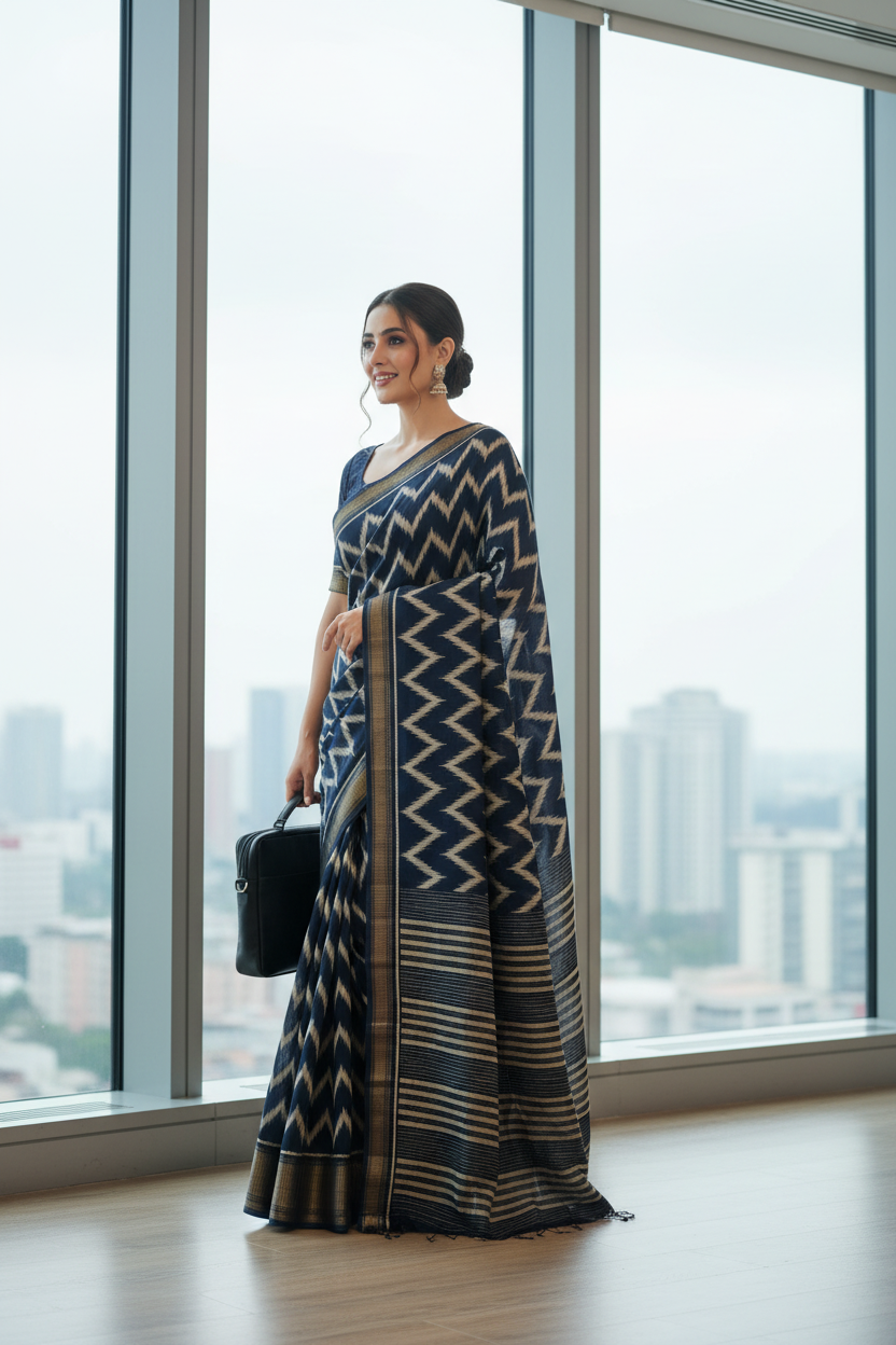Navy Blue Zig Zag Print Dola Silk Saree