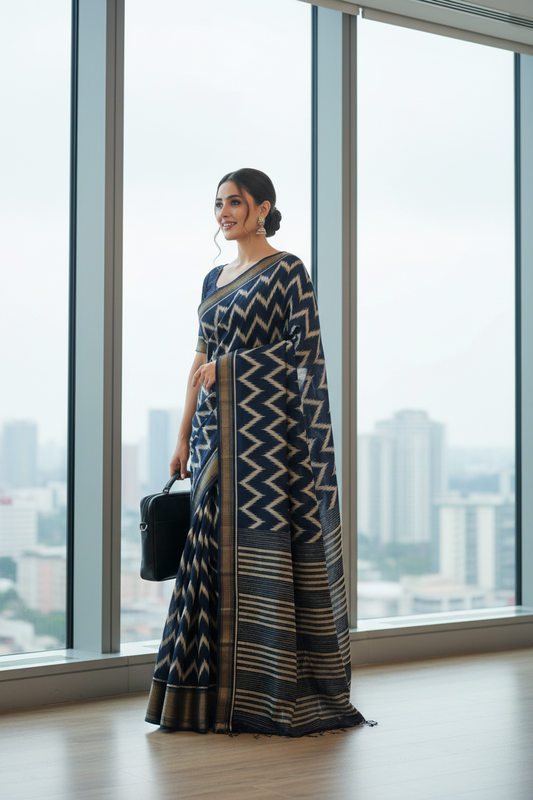 Navy Blue Zig Zag Print Dola Silk Saree