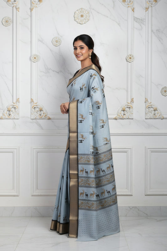 Grey Dola Animal Print Saree