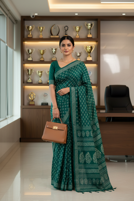 Green Block Print Cotton Saree