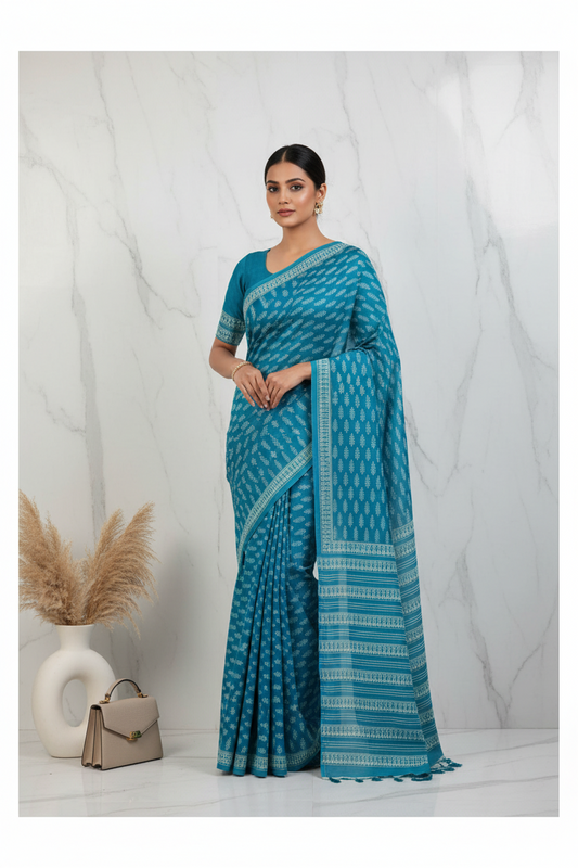 Sky Blue Block Print Cotton Saree