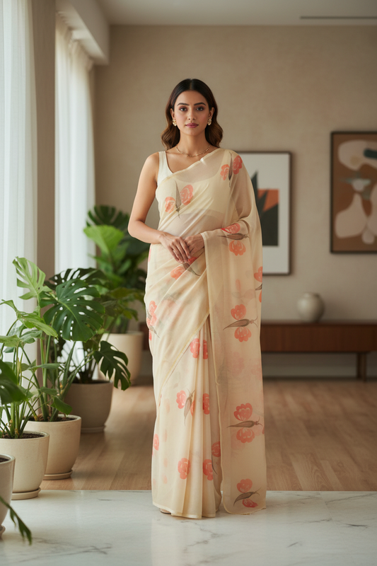 Orange Hand Printed Organza Saree