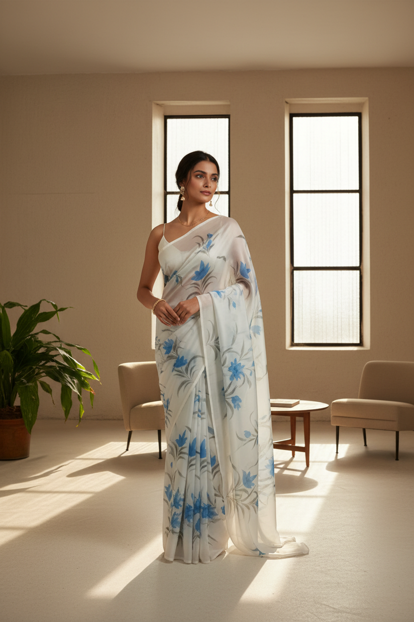 English Blue Hand Painted Organza Saree