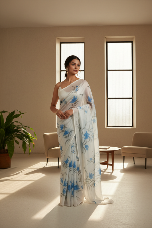 English Blue Hand Painted Organza Saree