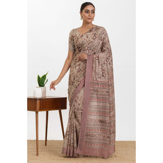Beige and Rust Linen Geometric Printed Saree
