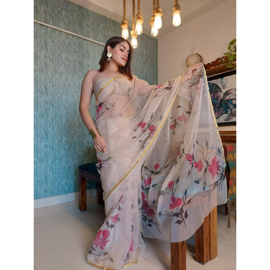 Beige Hand Painted Organza Saree