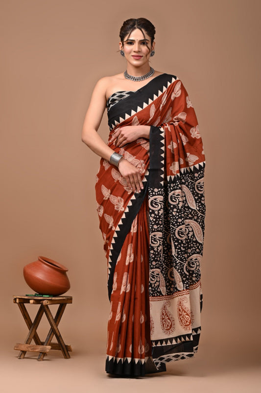 Rust Black Block Print Mul Cotton Saree