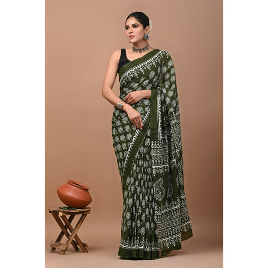Green & White Mul Cotton Saree