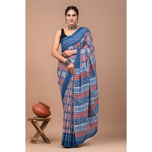 Navy Blue Mul Cotton Saree