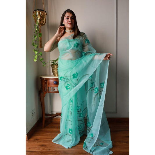 Sea Green Hand Painted Organza Saree
