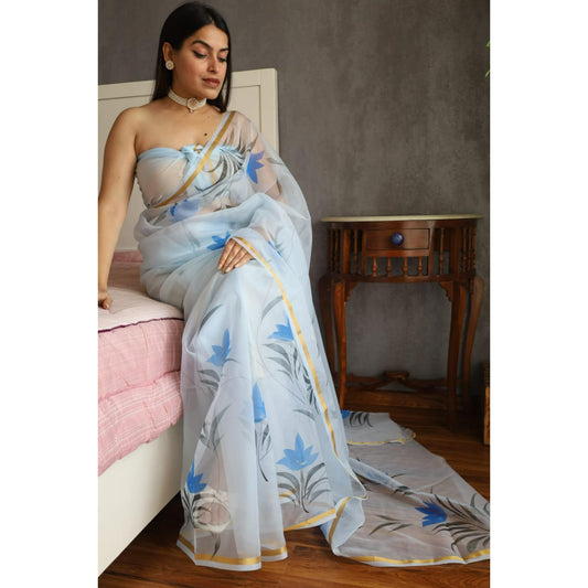 English Blue Hand Painted Organza Saree