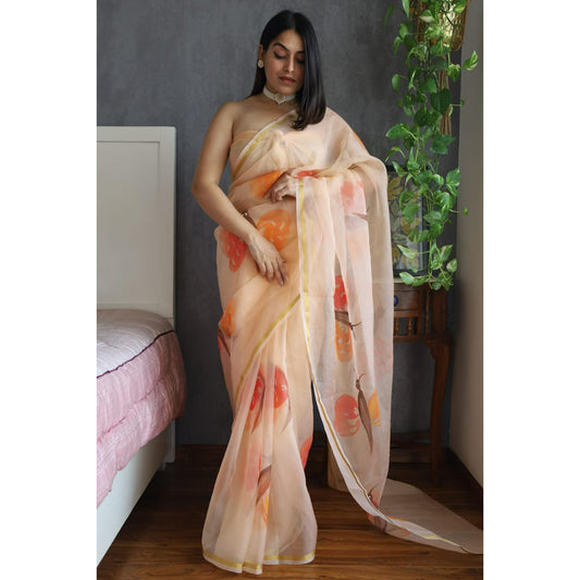 Orange Hand Printed Organza Saree