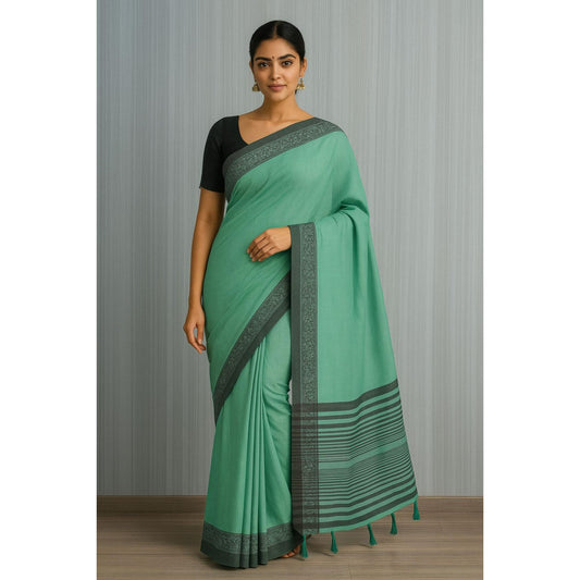 Green Linen Worli Art Border Saree