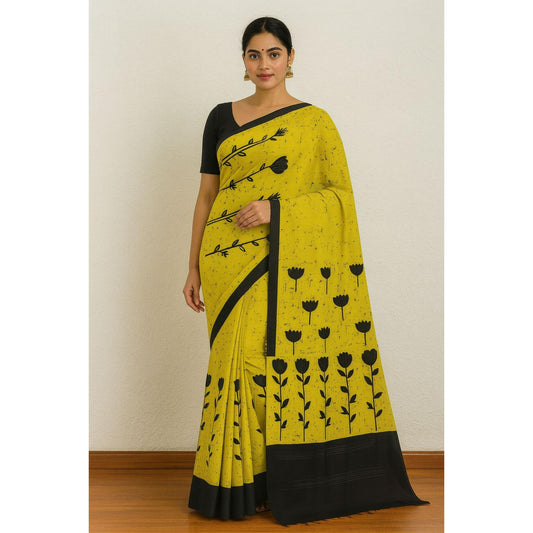 Yellow Black Mul Cotton Saree