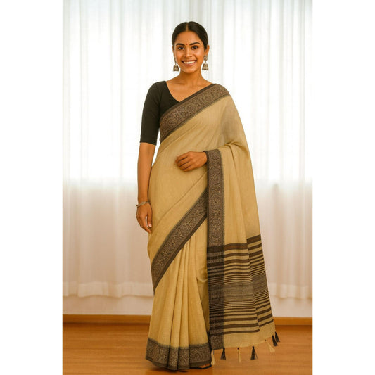 Light Brown Linen Worli Art Border Saree