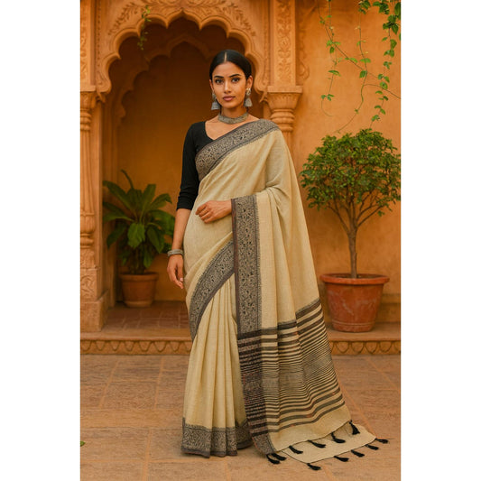 Light Green Linen Worli Art Border Saree