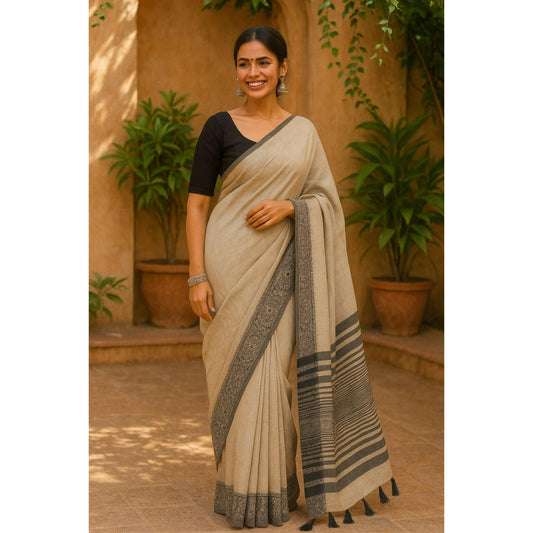 Brown Linen Worli Art Border Saree