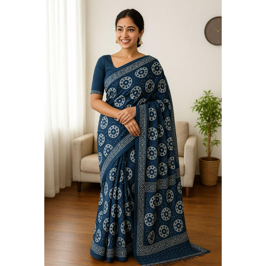 Royal Blue Batik Print with Sequin Cotton Silk Saree