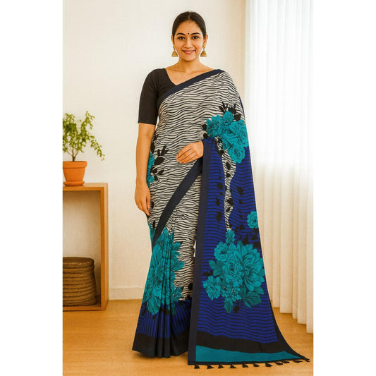 Black, White & Green Satin Saree