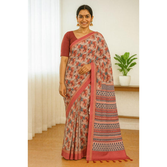 Peach Linen Floral Printed Saree