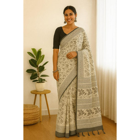 Cream & Black Floral Dola Silk Saree