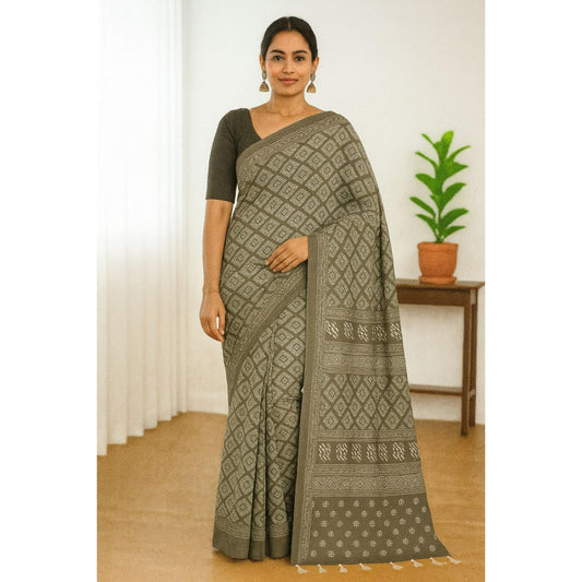 Bottle Green Dola Print Saree