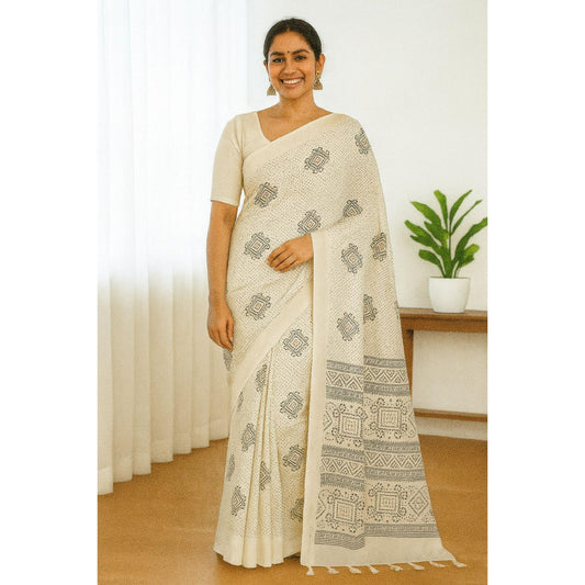 Cream, Black & Red Bhandani Print Dola Silk Saree
